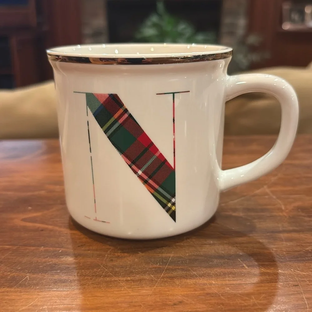 NWOT Pottery Barn Initial N Mug White Tartan Plaid Gold Rim Cup NEW!!